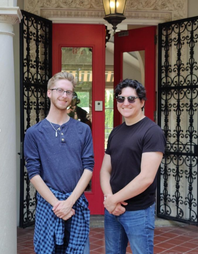 Our Vice President of Programming, Liam Gravvat (L) and our President, Nic Hibbs in front of the Red Doors of SigEp Headquarters in Richmond, VA during the Ruck Leadership Academy in Summer 2023.